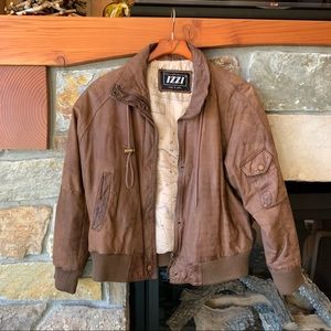 Oversized Brown Leather Bomber Jacket Medium